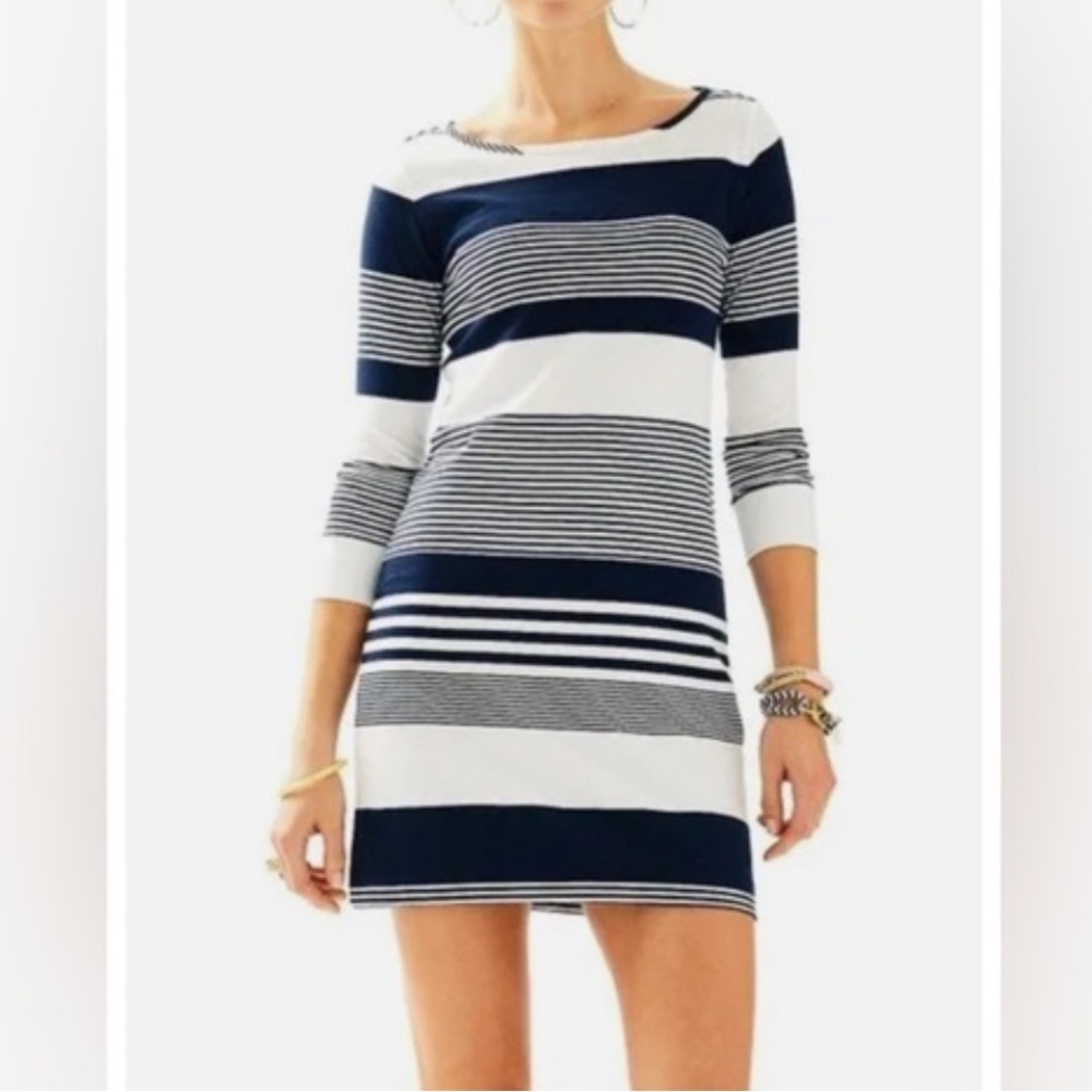 Lilly Pulitzer Marlowe Navy Blue White‎ Striped 3/4 Sleeve Mini Dress Size XS